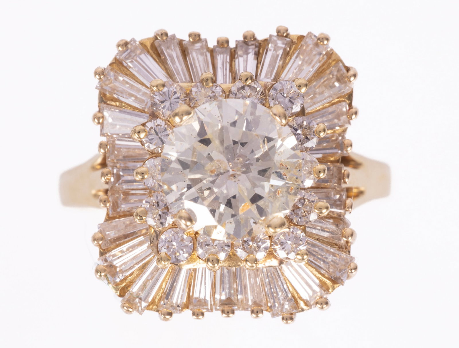 18 kt. Yellow Gold and Diamond Sunburst Ring | 3.22 tcw: 18 kt. Yellow Gold and Diamond Sunburst Ring center round brilliant cut diamond, wt. approx. 1.60 cts.; mounted with 1.62 cts. of baguette and round brilliant cut diamonds; size 6; AIGL report. Please
