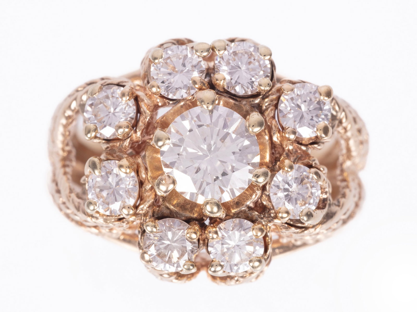 14 kt. Yellow Gold and Diamond Cluster Ring | 1.62 tcw: 14 kt. Yellow Gold and Diamond Cluster Ring center round brilliant diamond, wt. approx. 0.82 ct., G color, VS2 clarity; mounted with 0.80 ct. of round brilliant cut diamonds; size 5.5; GGA report. Ple
