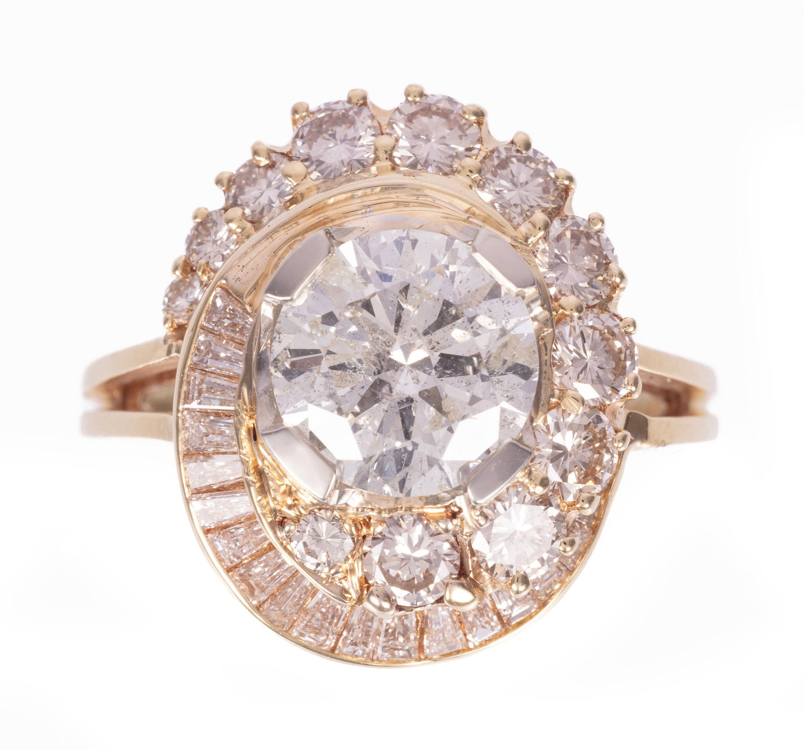 18 kt. Yellow Gold and Diamond Ring | 3.40 tcw: 18 kt. Yellow Gold and Diamond Ring cetner round brilliant cut diamond, wt. approx. 2.00 cts.; mounted with 1.40 cts. of round brilliant and baguette cut diamonds; size 6.25; GGA report. Please Note: 