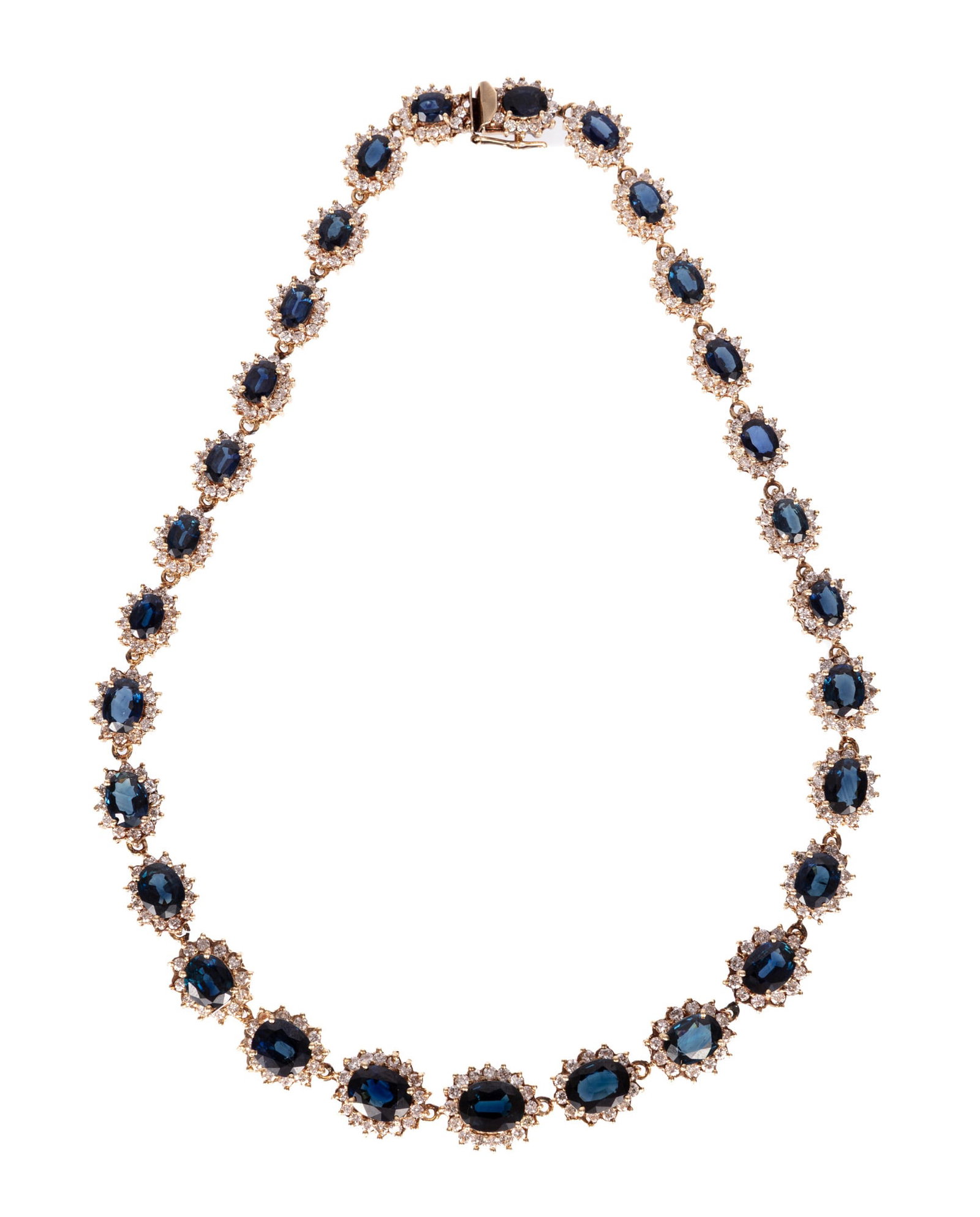 18 kt. Yellow Gold, 40.00 carat Sapphire and Diamond Necklace: 18 kt. Yellow Gold, Sapphire and Diamond Necklace mounted with 29 oval sapphires, total wt. approx. 40.00 cts.; and 354 round diamonds, total wt. approx. 8.65 cts.; l. 15 in.; 31.51 dwts.; with Adler'