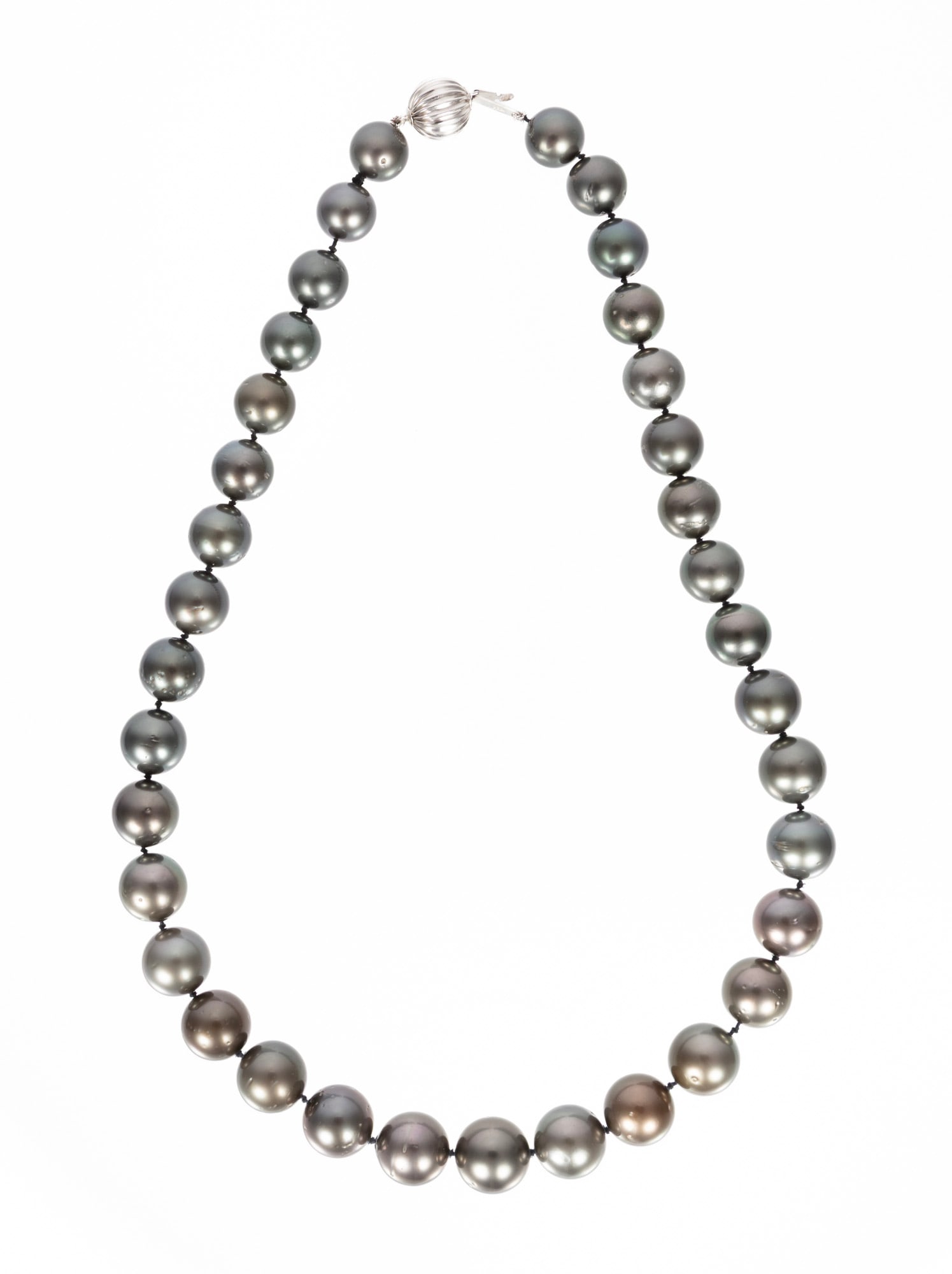 14 kt. White Gold and Tahitian Pearl Necklace: 14 kt. White Gold and Tahitian Pearl Necklace strand of 35 near round cultured dark grey Tahitian pearls, 11.02-13.07 mm, l. 18 in.; GIA and AIGL report. Please Note: Payment for all jewelry and all c
