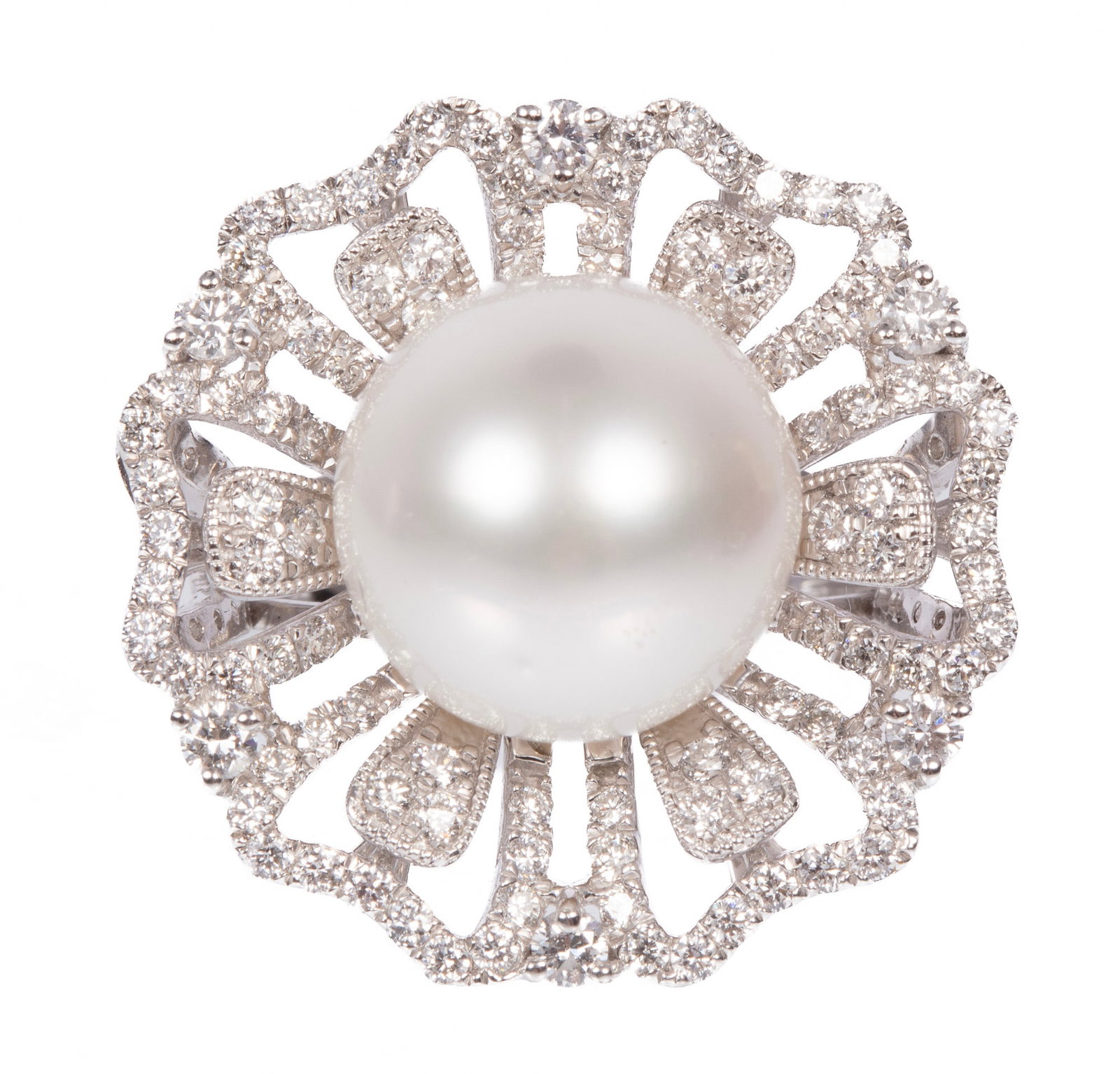 Platinum, South Sea Pearl and Diamond Ring: Platinum, South Sea Pearl and Diamond Ring center round cultured South Sea pearl, 12.70 mm to 12.90 mm; openwork floral mounting with 1.45 cts. of round brilliant cut diamonds; size 6.5; GGA report. P