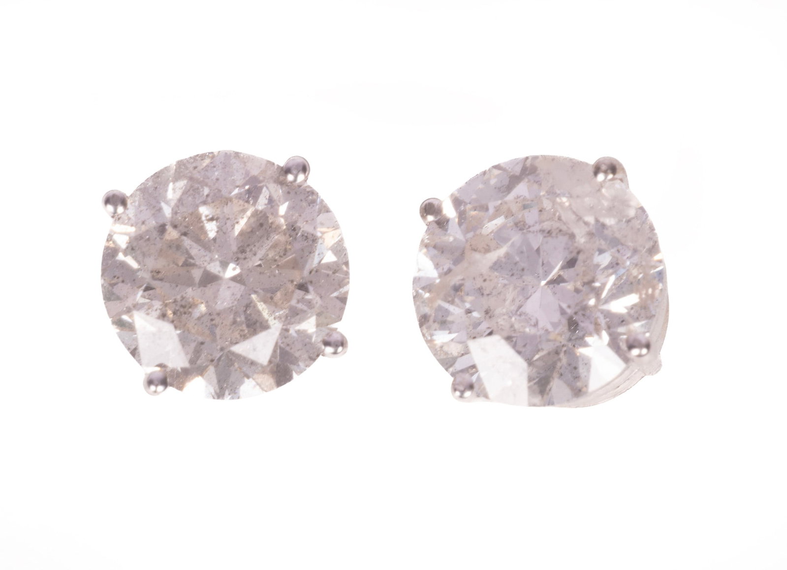 Pair of 14 kt. White Gold and Diamond Stud Earrings | 3.00 tcw: Pair of 14 kt. White Gold and Diamond Stud Earrings 2 round brilliant cut diamonds, total wt. 3.00 cts., G-H color, I1-I2 clarity; GGA report. Please Note: Payment for all jewelry and all couture item