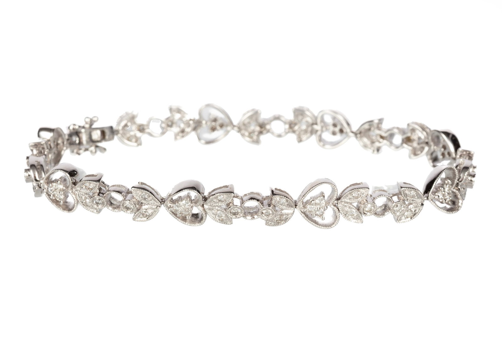 14 kt. White Gold and Diamond Bracelet | 1.50 tcw: 14 kt. White Gold and Diamond Bracelet mounted with 1.50 cts. of round diamonds, l. 7 in. Please Note: Payment for all jewelry and all couture items MUST be made by cash, check or wire transfer.