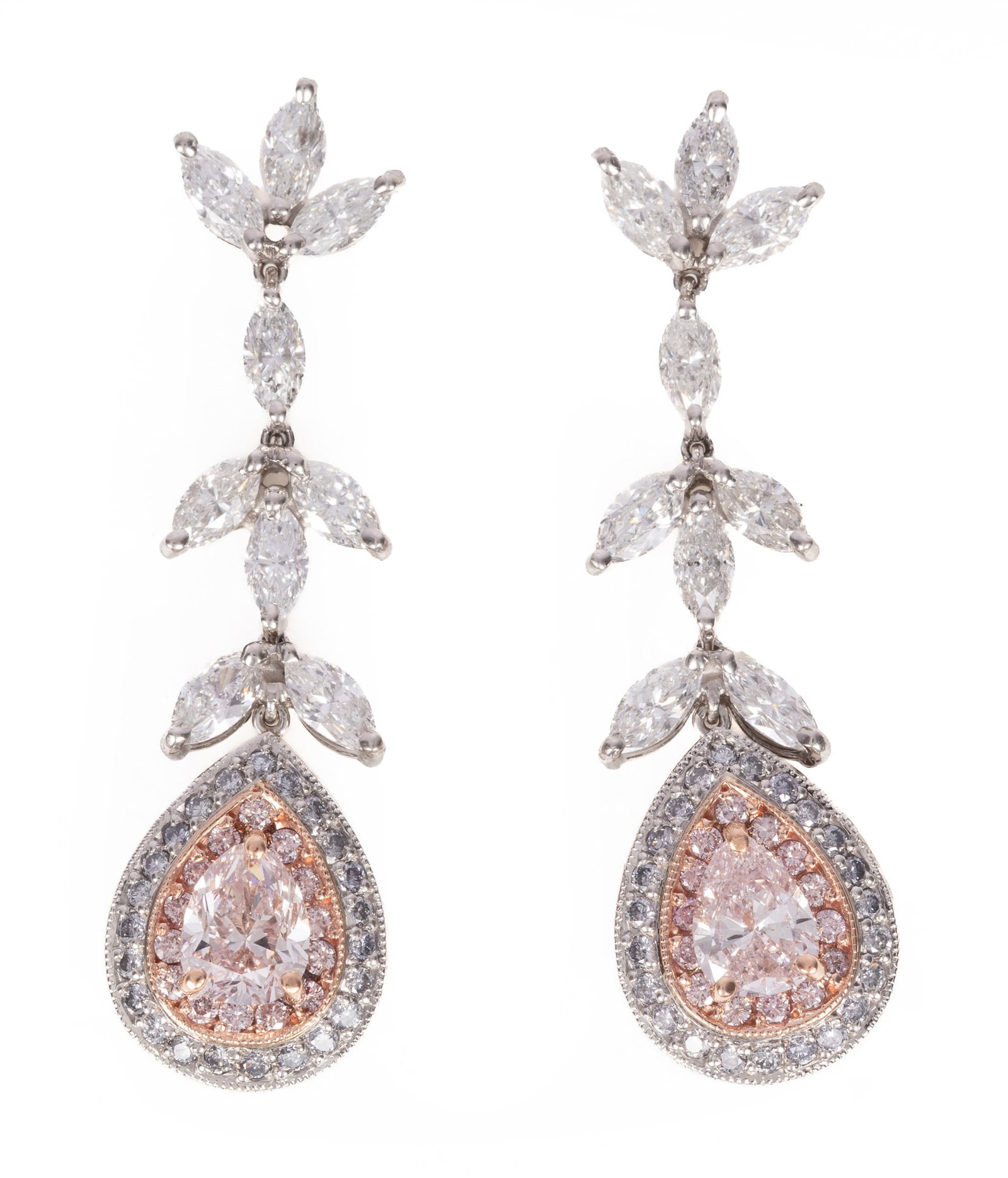 Platinum, 18 kt. Rose Gold, Pink Diamond and Diamond Dangle Earrings | 3.85 tcw: Pair of Platinum, 18 kt. Rose Gold, Fancy Light Pink Diamond and Diamond Dangle Earrings mounted with 2 pear shape fancy light pink diamonds, total wt. approx. 1.05 cts.; 18 marquise cut diamonds, tot