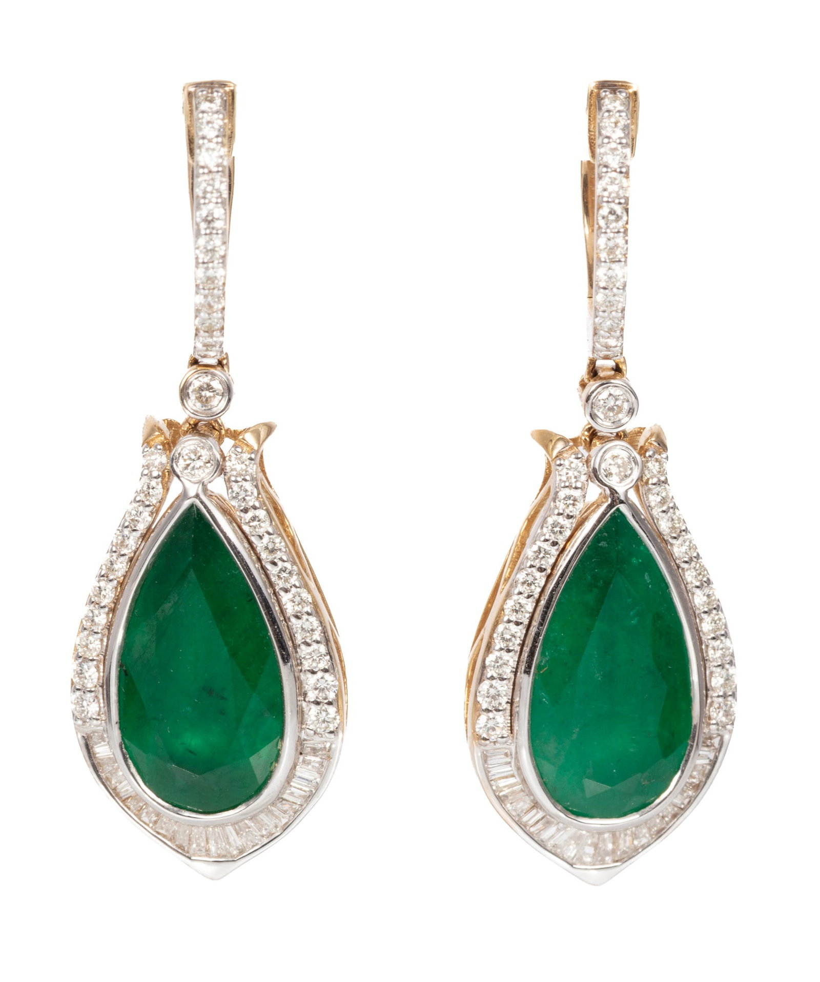 Pair of 14 kt. Two Tone Gold, Emerald and Diamond Dangle Earrings | 7.26 emerald tcw: Pair of 14 kt. Two Tone Gold, Emerald and Diamond Dangle Earrings mounted with 2 bezel set pear mixed cut emeralds, total wt. approx. 7.26 cts.; and 1.09 cts. of baguette and round brilliant cut