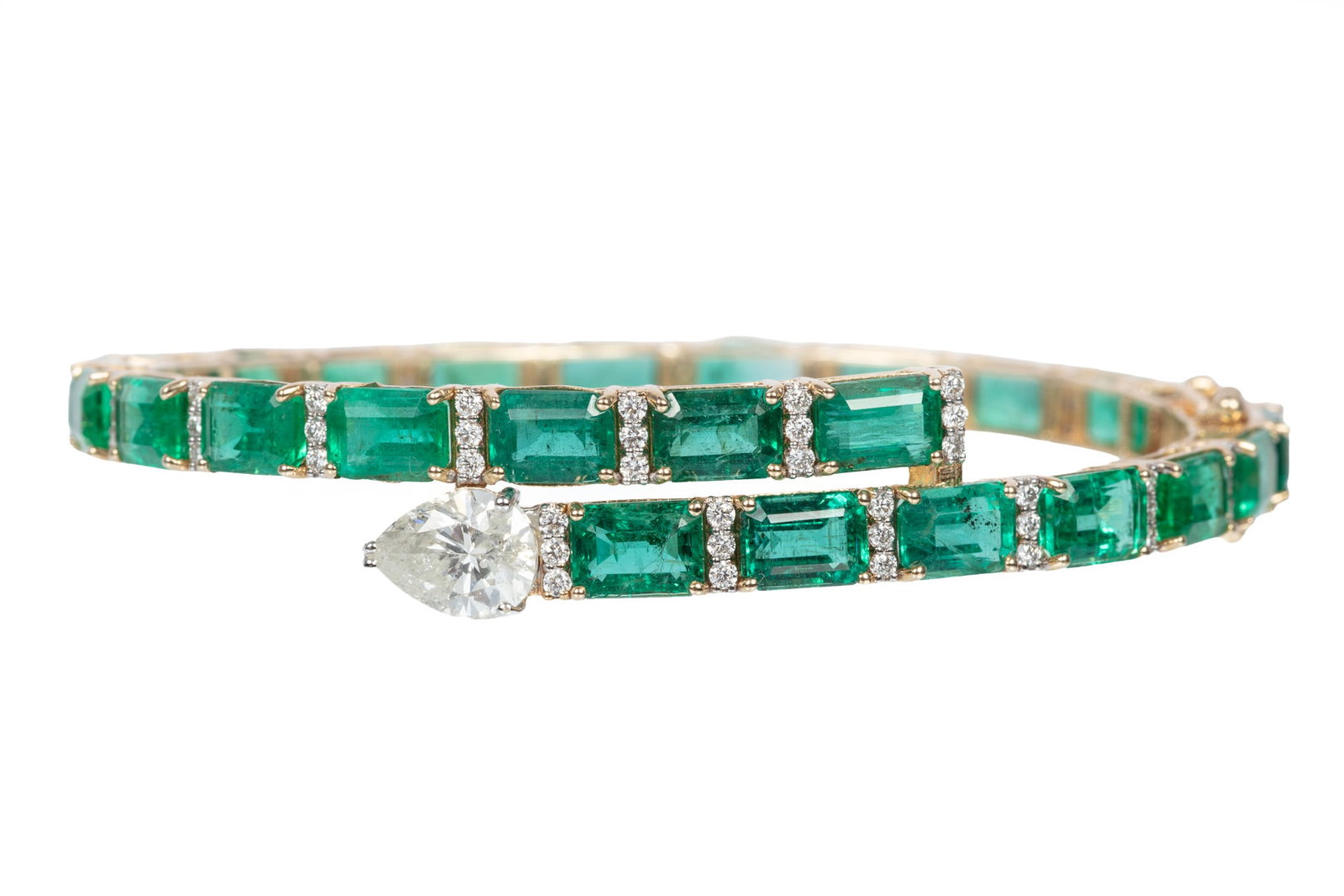 14 kt. Two Tone Gold, Emerald and Diamond Hinged Bangle Bracelet | 27.33 emerald tcw (1 of 7)