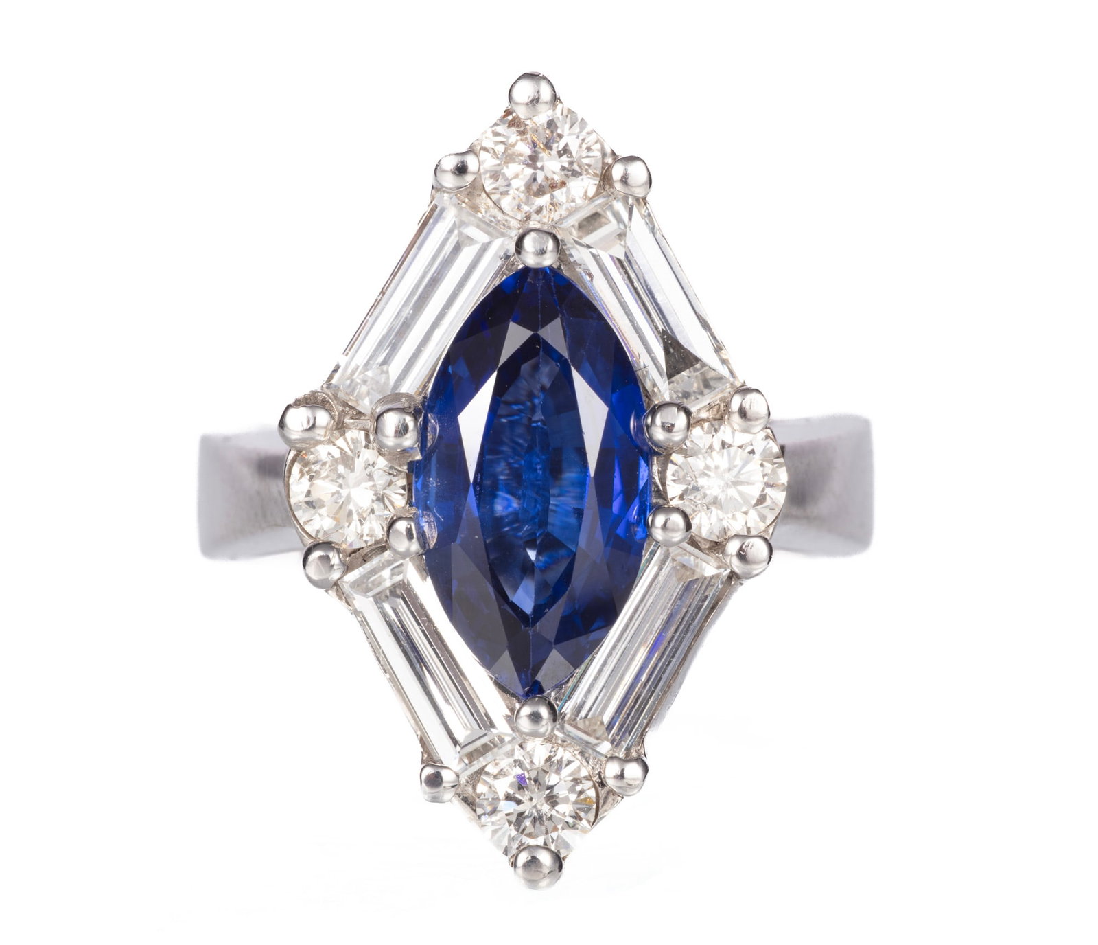 14 kt. White Gold, 3.50 ct. Sapphire and Diamond Ring: 14 kt. White Gold, Sapphire and Diamond Ring center marquise mixed cut blue sapphire, wt. approx. 3.50 cts.; mounted with 1.55 cts. of baguette and round brilliant cut diamonds; size 6.25; AIGL