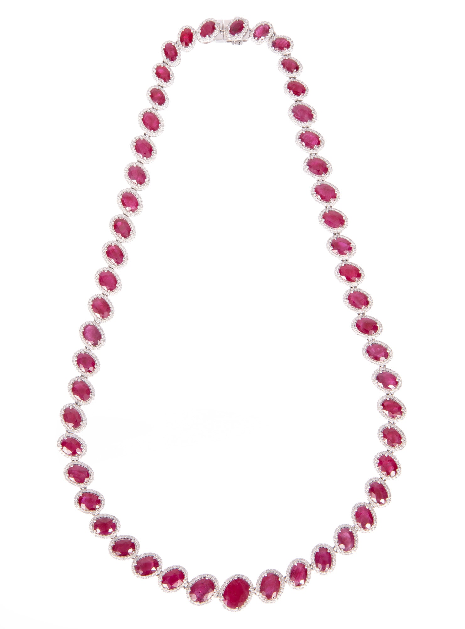 Platinum, Burmese Ruby and Diamond Necklace | 47.71 ruby tcw: Platinum, Burmese Ruby and Diamond Necklace mounted with 51 oval mixed cut rubies, total wt. approx. 47.71 cts.; and 5.54 cts. of round brilliant cut diamonds; l. 18 in.; AIGL and GIA reports. Please