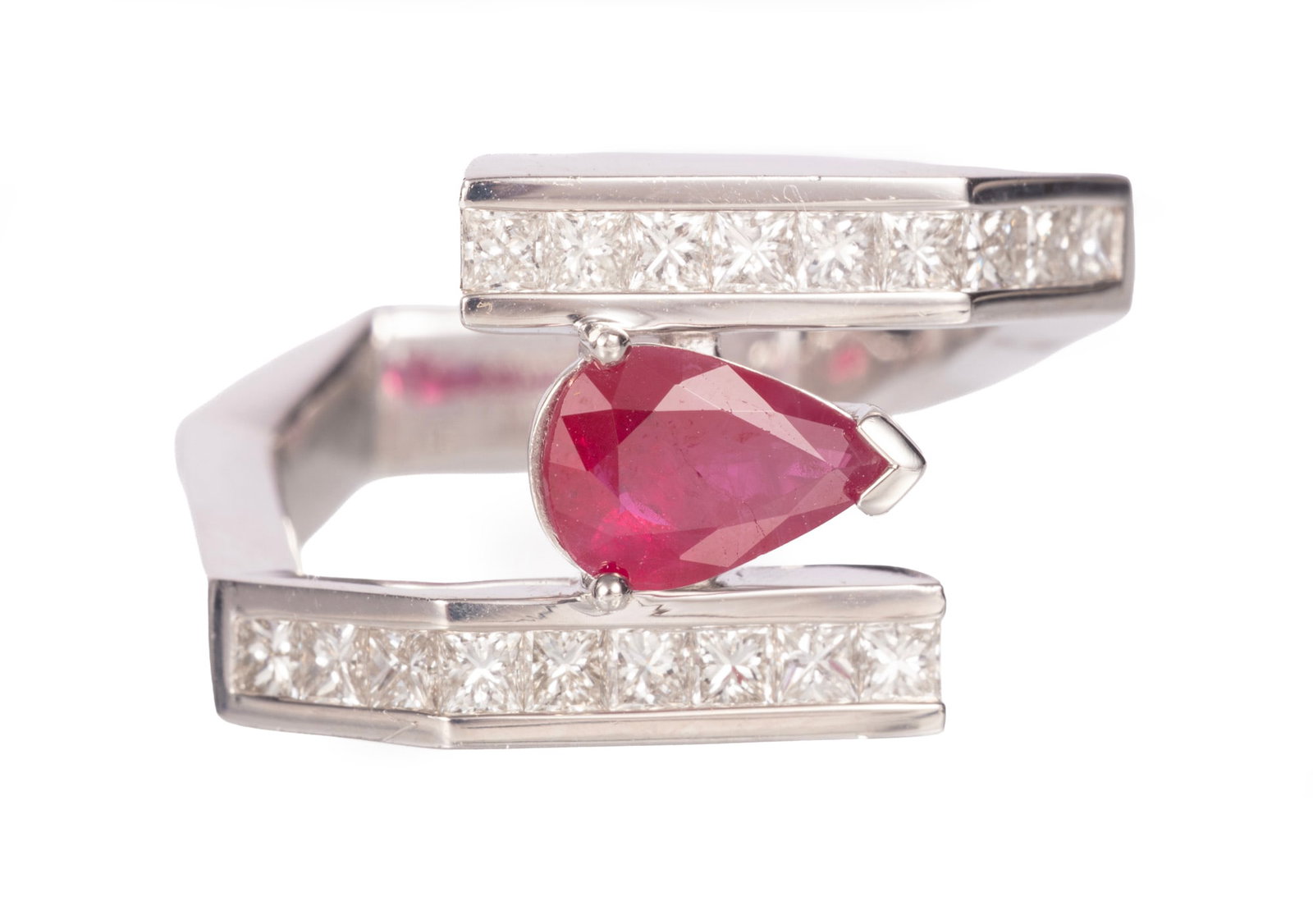 Platinum, Burmese Ruby and Diamond Ring: Platinum, Burmese Ruby and Diamond Ring center pear shape mixed cut ruby, wt. approx. 1.13 cts.; and 18 square diamonds, total wt. approx. 0.87 ct.; size 6; AIGL report. Please Note: Payment for all