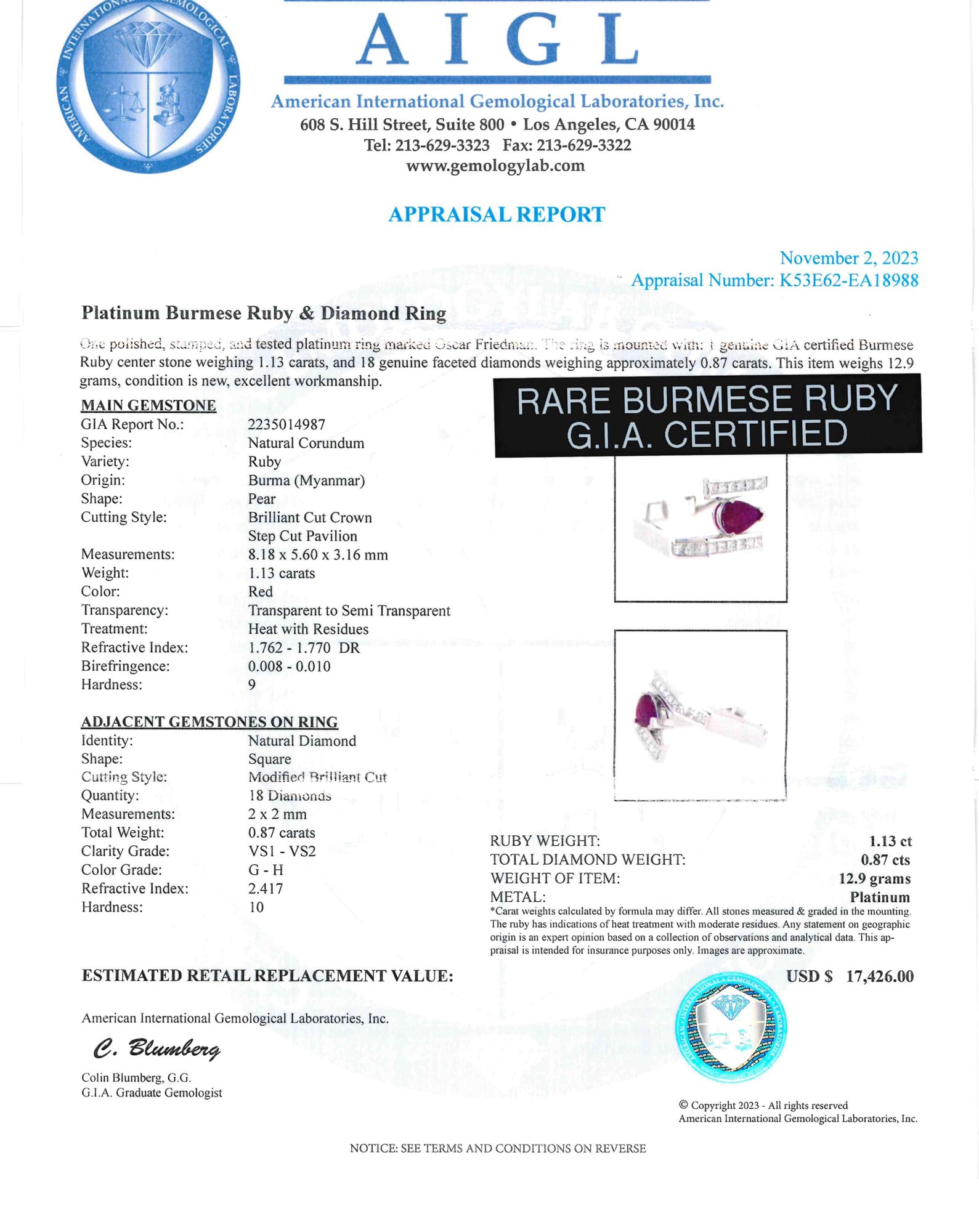 Platinum, Burmese Ruby and Diamond Ring - 6