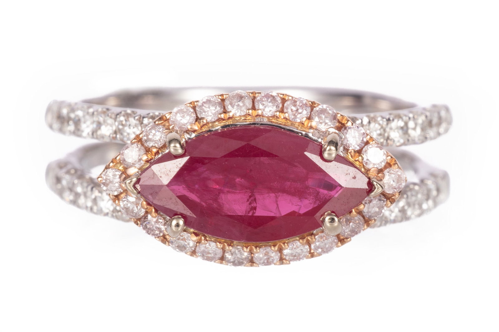 18 kt. White and Rose Gold, Ruby and Diamond East West Ring (1 of 5)
