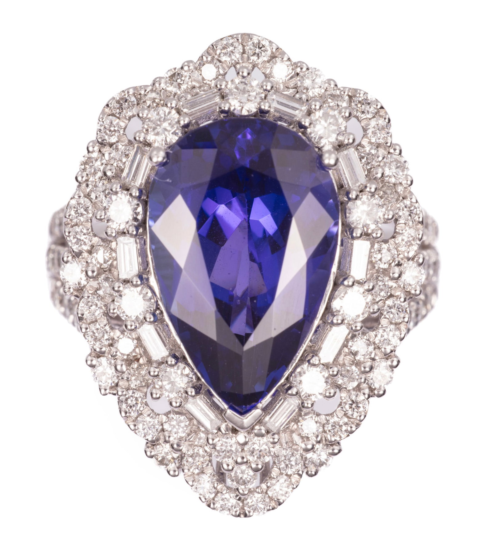 Platinum, 7.17 carat Tanzanite and Diamond Ring: Platinum, Tanzanite and Diamond Ring center pear brilliant faceted cut tanzanite, wt. approx. 7.17 cts.; mounted with 1.49 cts. of round brilliant and baguette cut diamonds; size 7.5; GGA and GIA repo