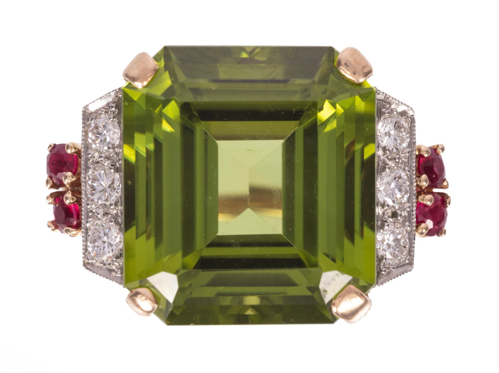 14 kt. Two Tone Gold, Peridot, Ruby and Diamond Ring | 15.20 peridot tcw (1 of 4)