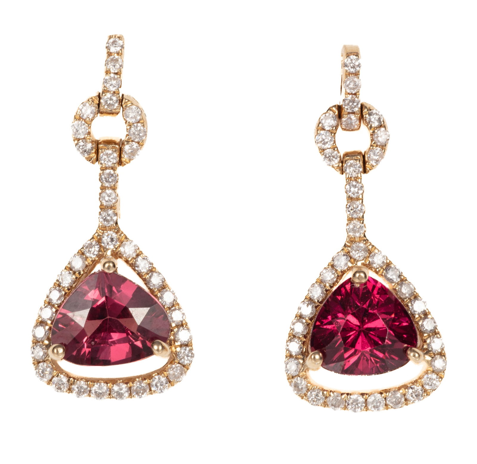 Art Deco Style 14 kt. Yellow Gold, Garnet and Diamond Dangle Earrings | 2.62 garnet tcw: Art Deco Style 14 kt. Yellow Gold, Garnet and Diamond Dangle Earrings mounted with 2 triangular mixed cut garnets, total wt. approx. 2.62 cts.; and 0.47 ct. our round brilliant cut diamonds; l. 1 in.;