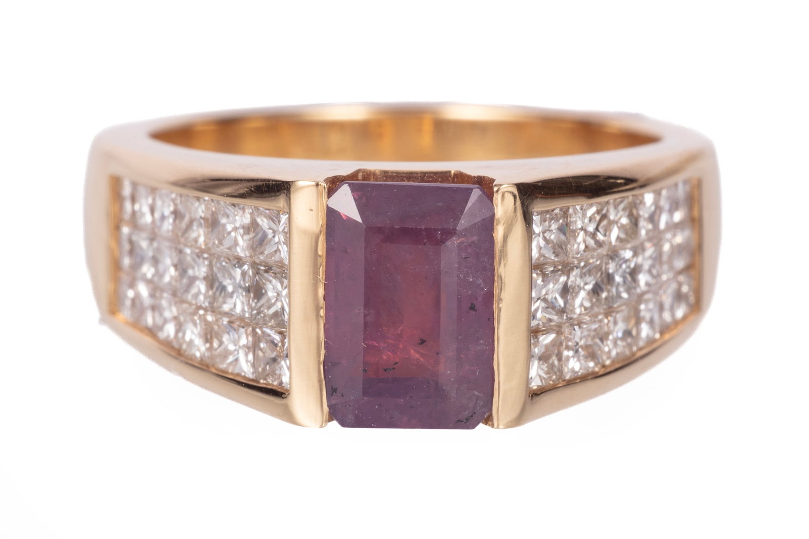 18 kt. Yellow Gold, Kashmir Sapphire, Diamond Ring: 18 kt. Yellow Gold, Kashmir Sapphire, Diamond Ring center octagonal step cut purplish pink sapphire, wt. approx. 1.76 cts.; mounted with 36 modified briiliant cut diamonds; size 6; AIGL and GIA report