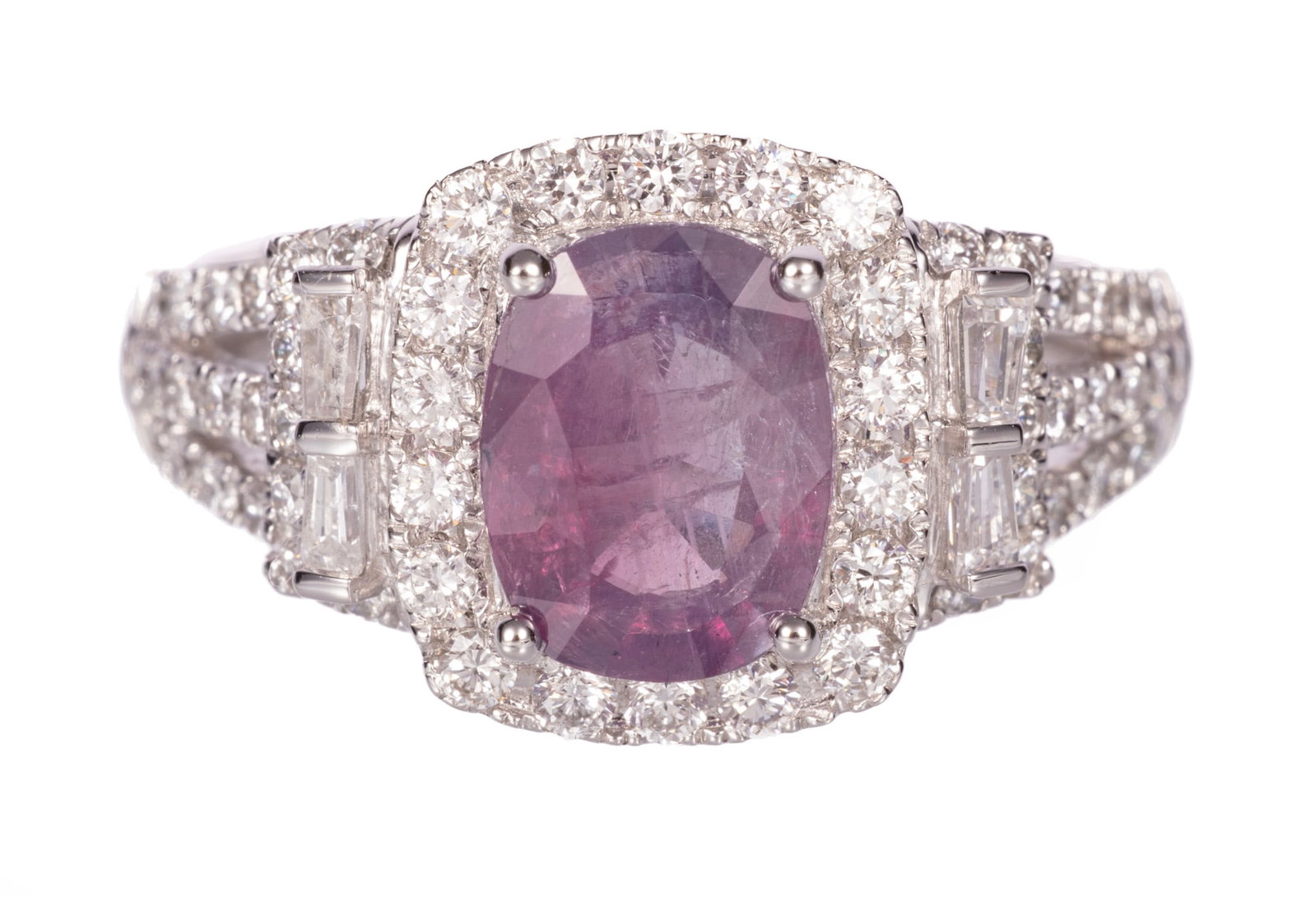Platinum, Kashmir Sapphire and Diamond Ring: Platinum, Kashmir Sapphire and Diamond Ring center cushion mixed cut purplish pink sapphire, wt. approx. 1.77 cts.; mounted with 0.80 ct. of round brilliant cut and baguette diamonds; size 6.75; AIGL 