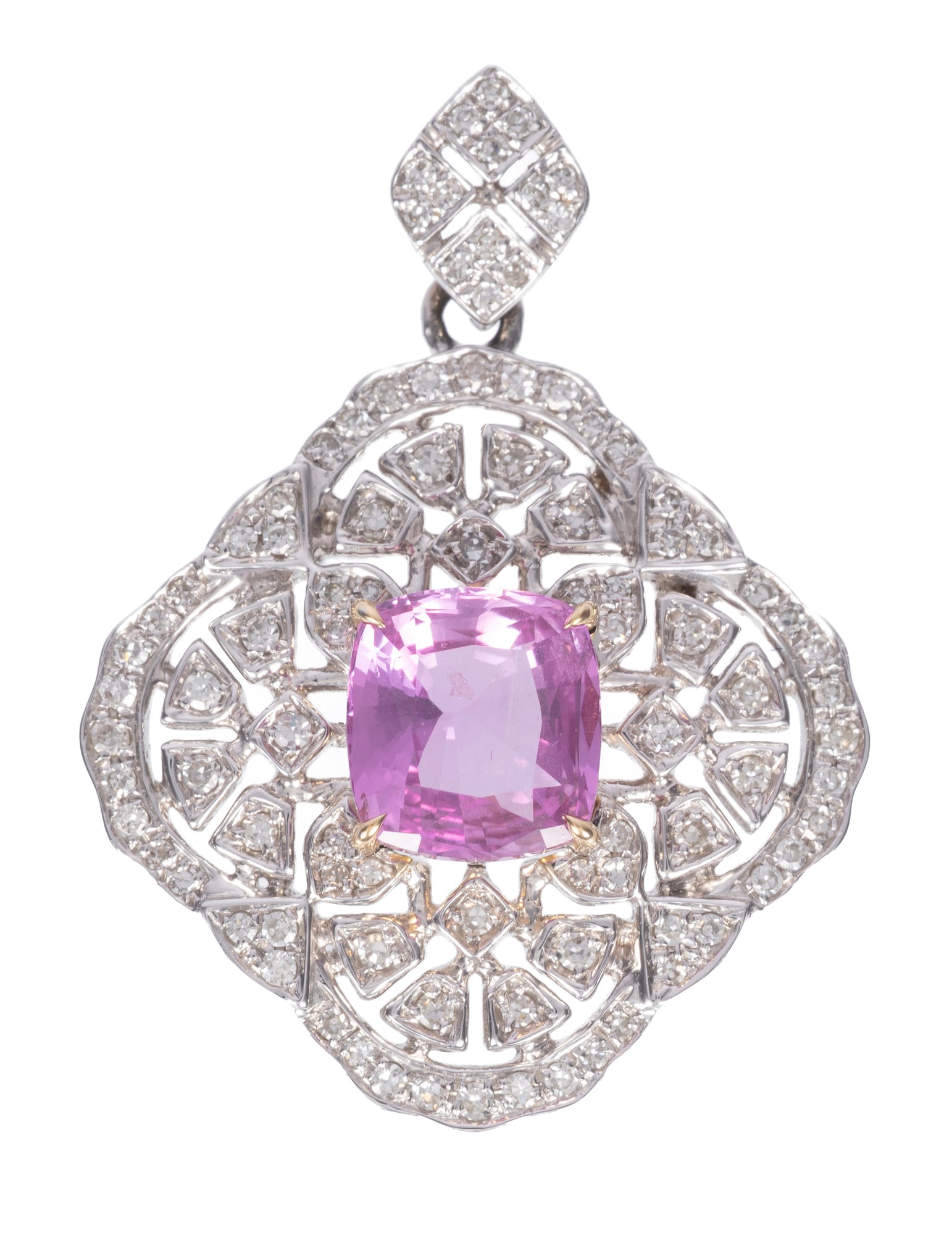 Art Deco Style White Gold, Pink Sapphire and Diamond Pendant: Art Deco Style White Gold, Pink Sapphire and Diamond Pendant center brilliant cushion cut orangish pink sapphire, wt. approx. 1.25 cts.; mounted with 0.39 ct. of round diamonds; l. 1 in.; AGL report. 