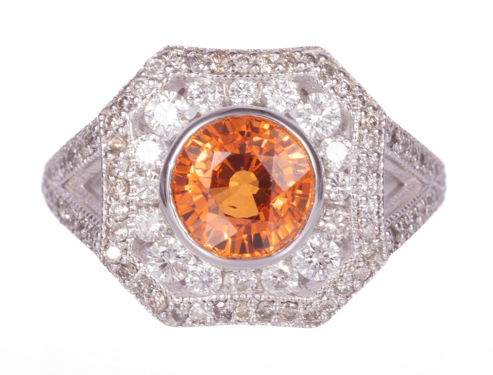 14 kt. White Gold, Garnet and Diamond Ring: 14 kt. White Gold, Garnet and Diamond Ring center orange spessartine garnet, wt. approx. 2.79 cts.; mounted with 0.83 ct. of diamonds; size 7.25; GIA report. Please Note: Payment for all jewelry and a