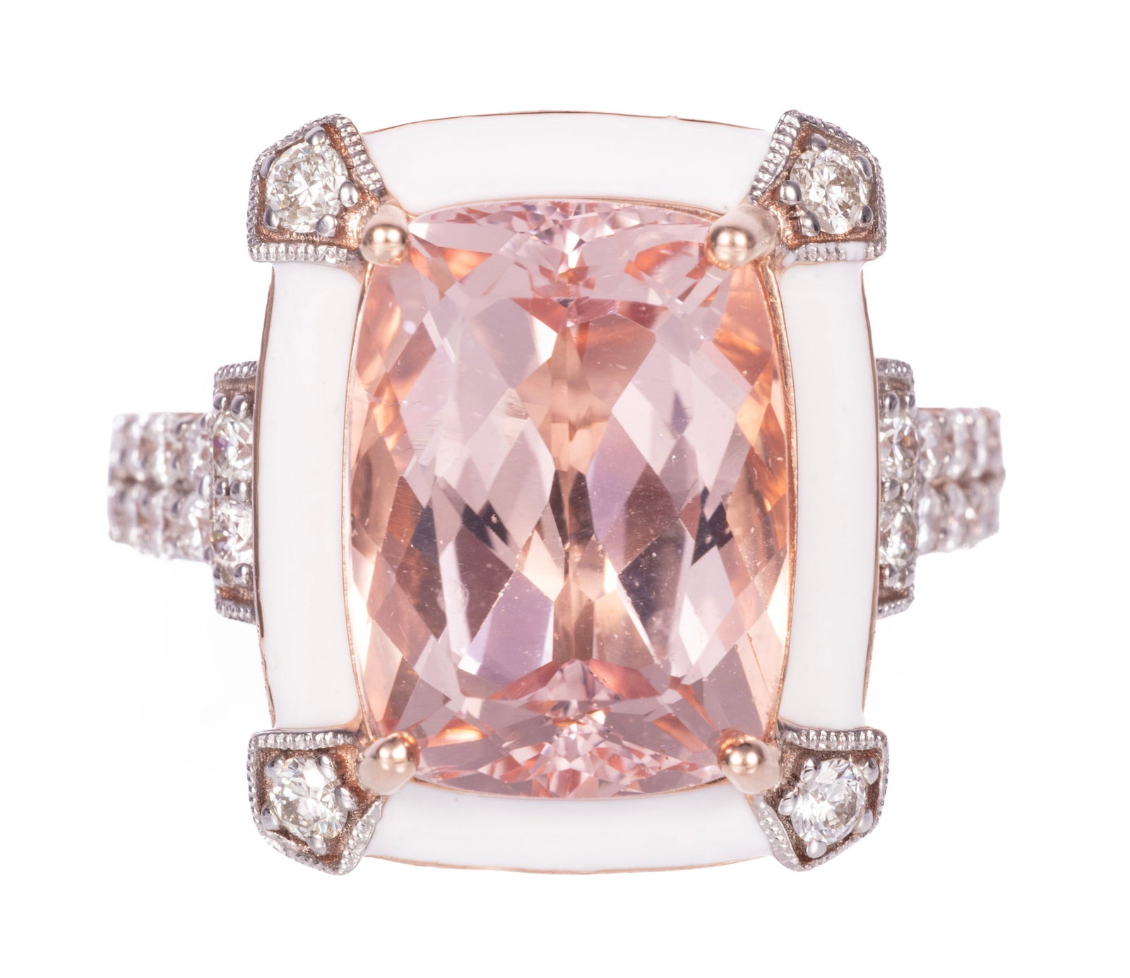 14 kt. Rose Gold, Morganite, Diamond and Enamel Ring | 6.45 morganite tcw: 14 kt. Rose Gold, Morganite, Diamond and Enamel Ring center rectangular cushion cut morganite, wt. approx. 6.45 cts.; mounted with 0.53 ct. of round brilliant cut diamonds; size 7; GGA report. Please 