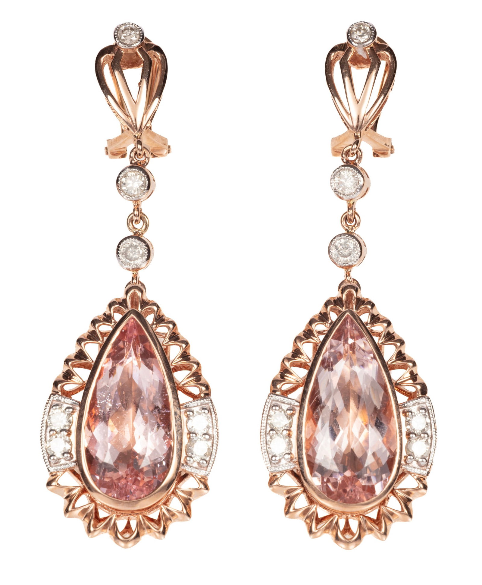 14 kt. Rose and White Gold, Morganite and Diamond Dangle Earrings | 12.13 morganite tcw (1 of 4)