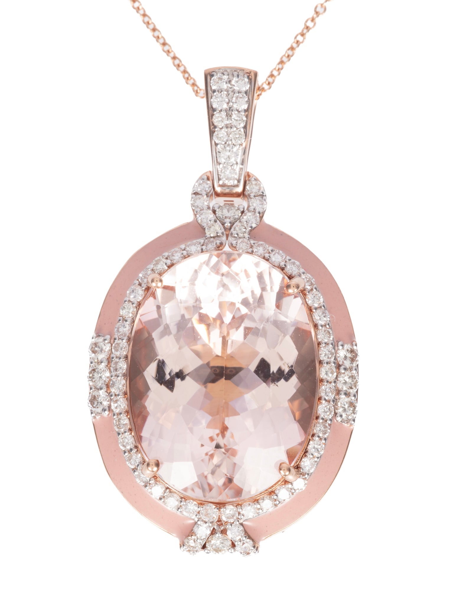 14 kt. Two Tone Gold, 19.61 ct. Morganite, Diamond and Enamel Pendant: 14 kt. Two Tone Gold, Morganite, Diamond and Enamel Pendant center oval mixed cut morganite, wt. approx. 19.61 cts.; mounted with 72 round brilliant cut diamonds, total wt. approx. 1.16 cts.; pendant 