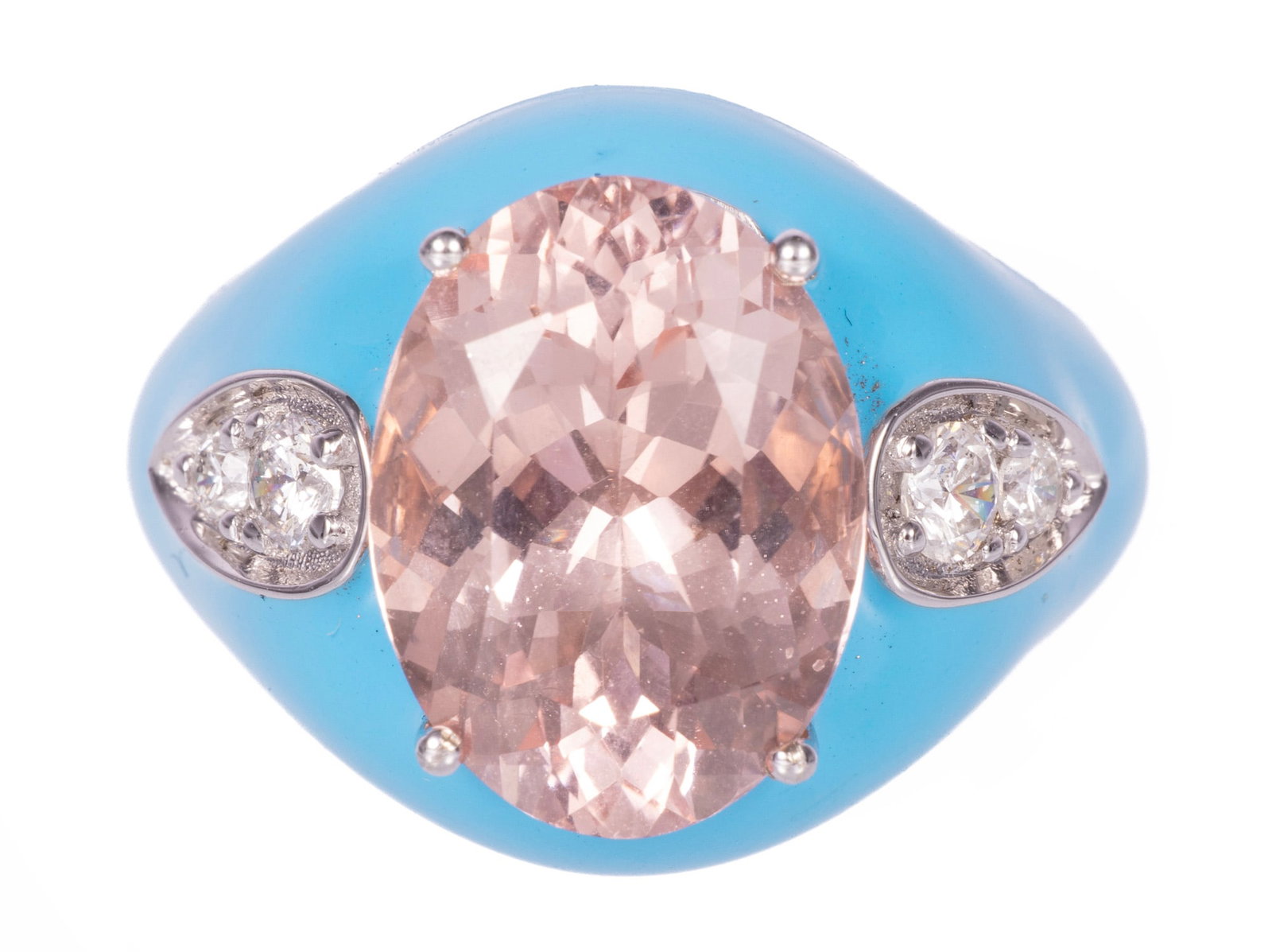 14 kt. White Gold, 4.57 ct. Morganite, Diamond and Enamel Ring: 14 kt. White Gold, Morganite, Diamond and Enamel Ring center oval mixed cut morganite, wt. approx. 4.57 cts.; mounted with 4 round brilliant cut diamonds, total wt. approx. 0.17 ct.; size 6.75; GGA re