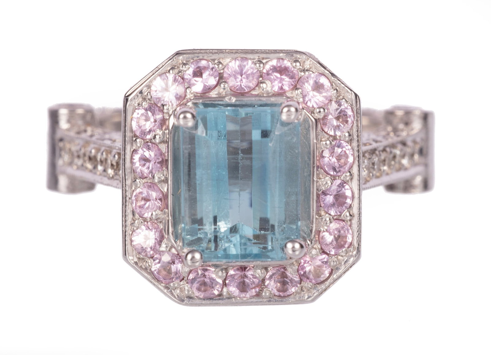 14 kt. White Gold, Aquamarine, Pink Sapphire and Diamond Ring | 2.01 aquamarine tcw: 14 kt. White Gold, Aquamarine, Pink Sapphire and Diamond Ring center octagonal step cut aquamarine, wt. approx. 2.01 cts.; mounted with 18 round brilliant cut pink sapphires, total wt. approx. 0.50 ct