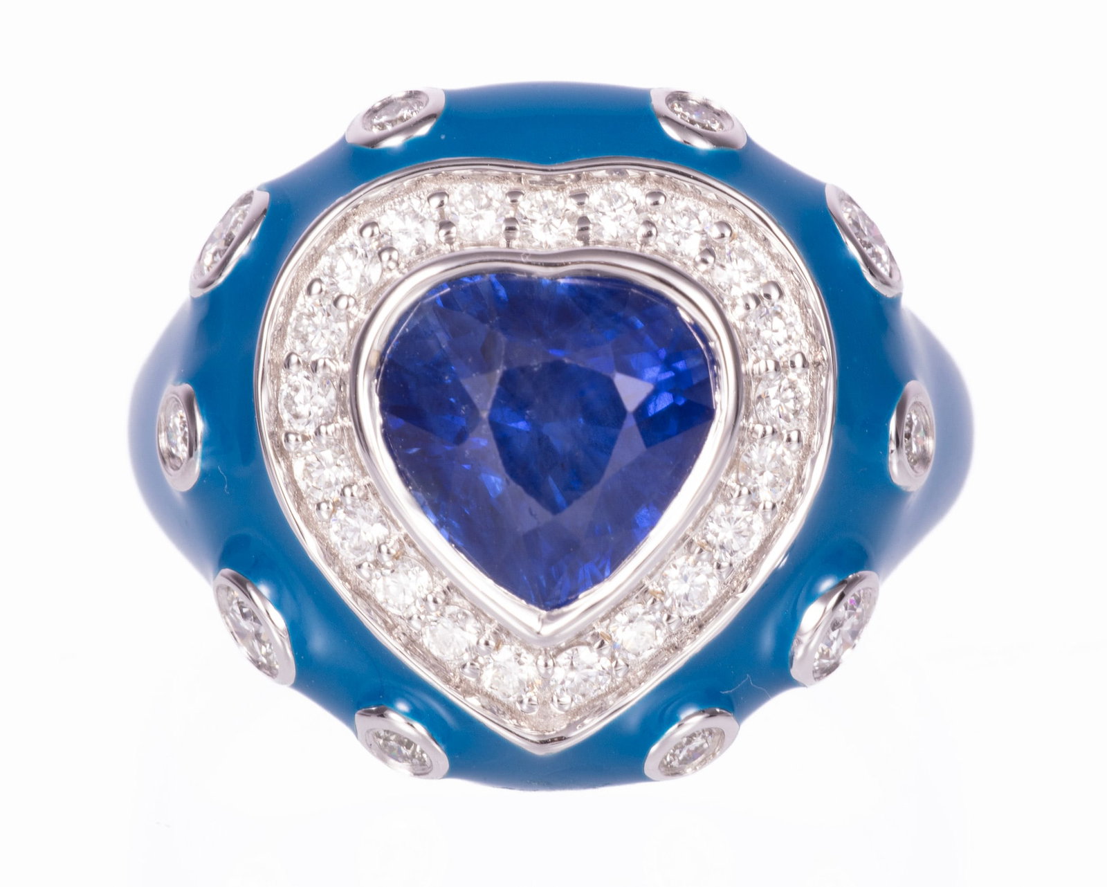 18 kt. White Gold, 2.86 ct. Heart Shape Blue Sapphire, Diamond and Enamel Ring: 18 kt. White Gold, Blue Sapphire, Diamond and Enamel Ring center heart mixed cut blue sapphire, wt. approx. 2.86 cts.; mounted with 0.56 ct. of round brilliant cut diamonds; total wt. approx. 0.56 ct.