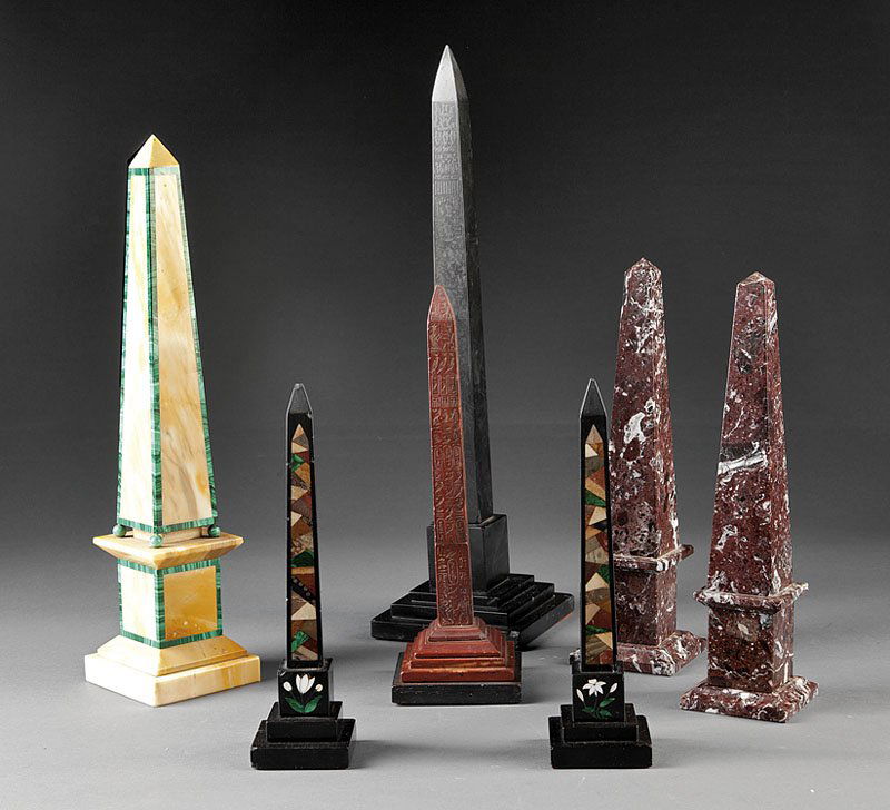 A Collection of Seven Grand Tour Marble Obelisks: A Collection of Seven Grand Tour Marble Obelisks, including one of black onyx with face decorated with hieroglyphs; another of giallo antico finely outlined with malachite; a near pair of red-veined m
