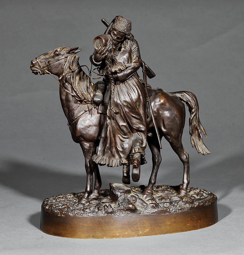 After Vasilli Grachev (Russian, 1831-1905): After Vasilli Grachev (Russian, 1831-1905), "Cossack's Farewell Kiss", late 19th c., patinated bronze, cast signature and Woerffell foundry mark in Cyrillic, naturalistic base, height 9 3/8 in., width