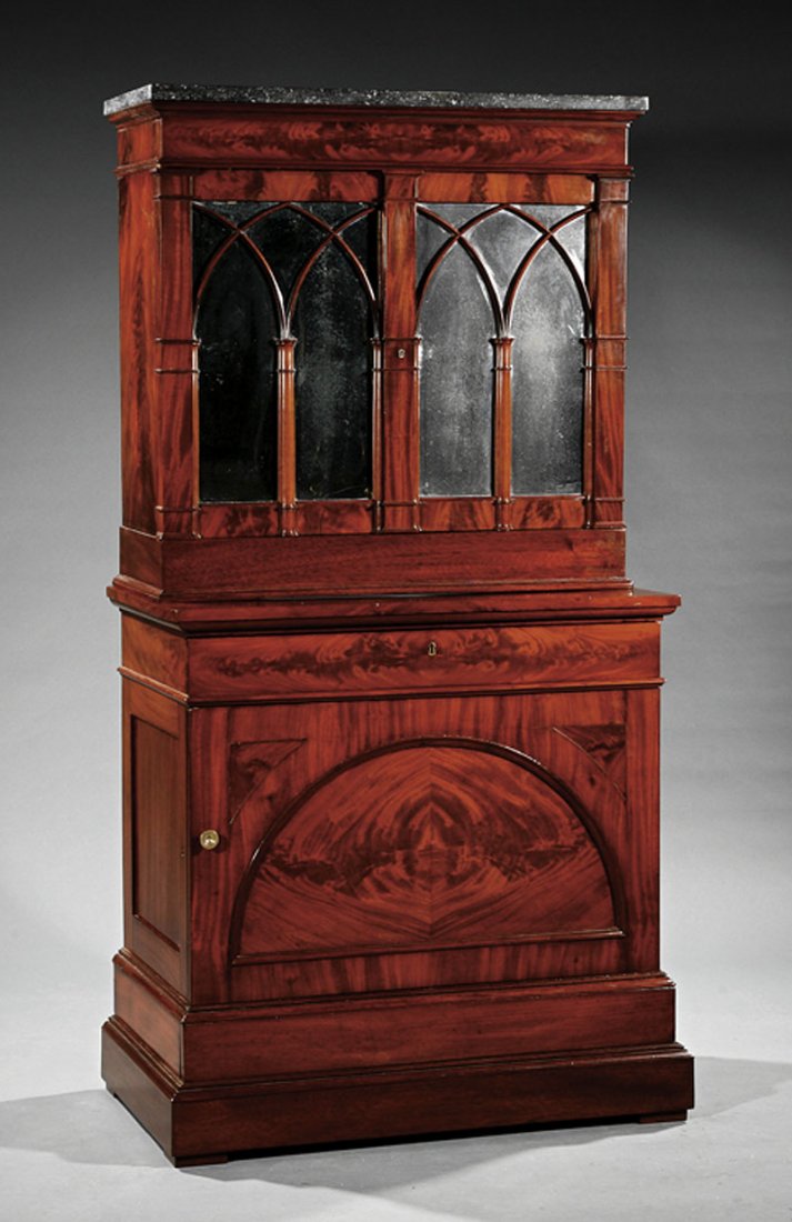 A Biedermeier Mahogany Secretary Bookcase: A Biedermeier Mahogany Secretary Bookcase, early 19th c., upper case with rectangular marble top, frieze drawer above a pair of mirrored doors with pointed-arch muntins, interior fitted with shelf and