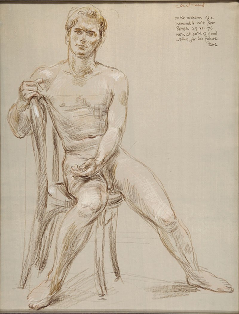 Paul Cadmus (American, 1904-1999): Paul Cadmus (American, 1904-1999), "Seated Male Nude", 1976, brown and red pencils on paper, signed in red pencil at top right, and extensively inscribed in black pencil upper right "On the occasion o