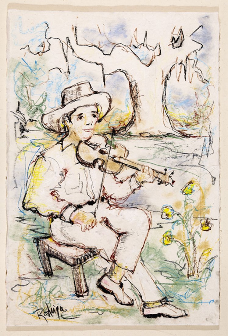 George Rodrigue (American/Louisiana, b. 1944): George Rodrigue (American/Louisiana, b. 1944), "The Fiddler", pastel on japon paper, signed lower left, "Cyprian Gallery, Lafayette, LA" label en verso, sheet 34 in. x 22 3/4 in., float framed