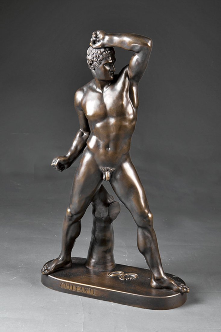 A Bronze Pugilist Creugas, after Antonio Canova: A Fine Bronze of the Pugilist Creugas, after Antonio Canova (Italian, 1757-1822), inscribed "CREUCANTE" on oval self-base, twice pierced for fig-leaf (one piercing filled), after Canova's lifesize mar