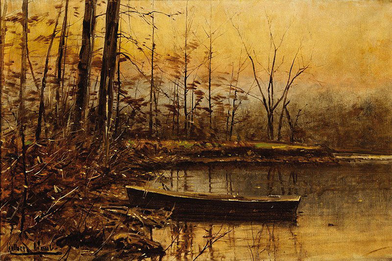 Gilbert Gaul (American/Tennessee, 1855-1919): Gilbert Gaul (American/Tennessee, 1855-1919), "Autumn Scene, Pond and Boat", 1915, oil on canvas, signed lower left, signed and dated en verso, 15 1/8 in. x 23 1/8 in., framed