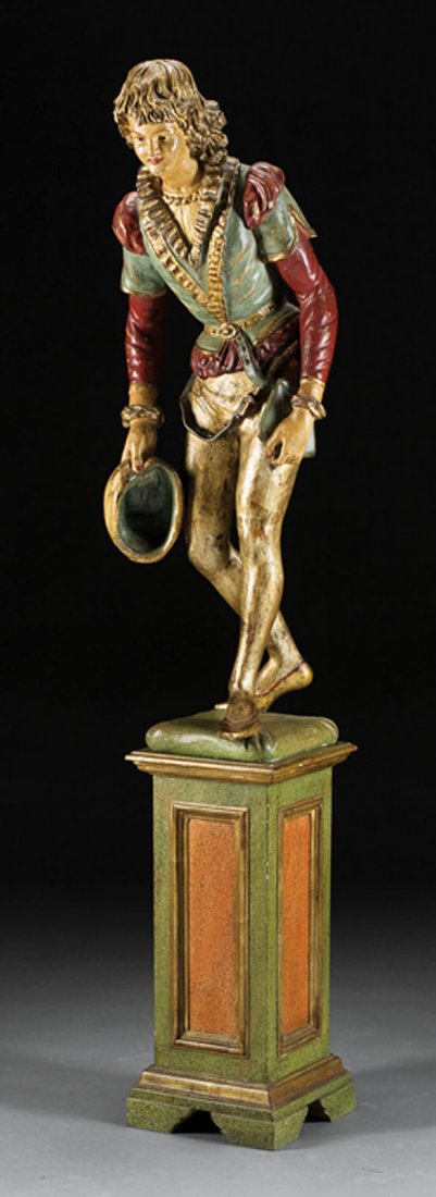 An Italian Carved and Polychrome Figure: An Antique Italian Carved and Polychrome Paint-Decorated Figure, of a Renaissance youth, possibly Venice, in colorful costume, presented on a paneled pedestal, height 72 in., width 16 1/2 in., depth 1