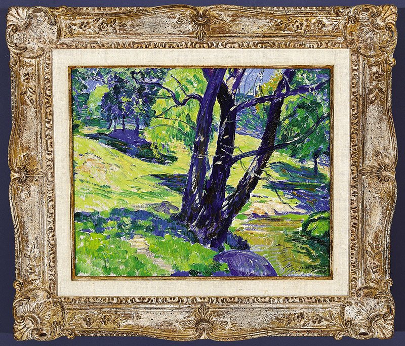 George Lawrence Nelson, N.A. (American): George Lawrence Nelson, N.A. (American, 1887-1978), "Brookside, Flanders, Kent, Connecticut", 1935, oil on board, signed and dated lower right, signed and titled en verso with "Robert Rice Gallery, Ho