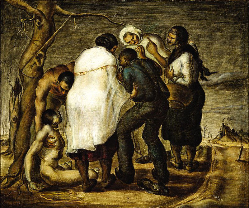 Albert Pels (American, 1910-1998): Albert Pels (American, 1910-1998), "American Tragedy", 1936, oil on board, signed and dated lower right, "Morris Museum of Art" label en verso, 19 7/8 in. x 23 7/8 in., framed. Provenance: Gift of the