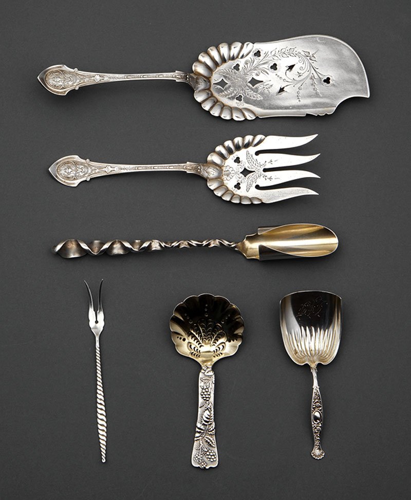 A Group of American Sterling Silver Flatware: A Good Group of American Sterling Silver Flatware Serving Pieces, including a fish serving knife and fork, Wood & Hughes, "Angelo" pattern, pat. 1878; a stilton scoop, Whiting, twist handle; a bonbon 