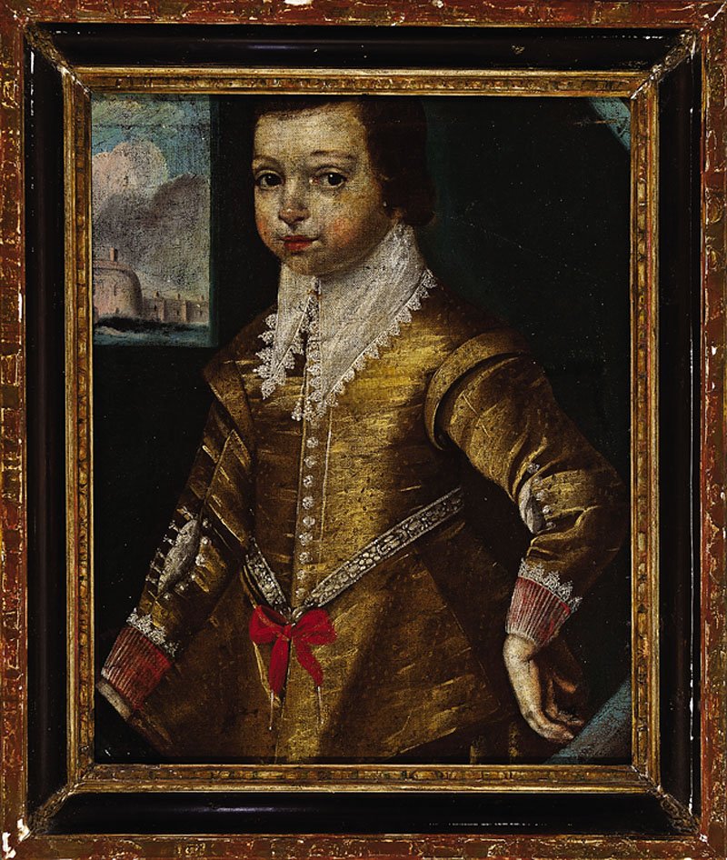 Continental School, 18th/19th c: Continental School, 18th/19th c., "Young Boy in Early Costume Standing by a Window with a View of a Harbor Fortress", oil on canvas, unsigned, 21 1/2 in. x 18 3/4 in., antique frame