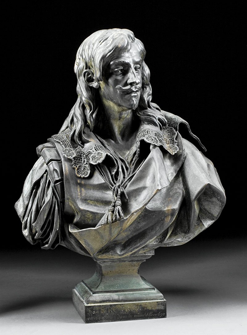 After Jean-Jacques Caffieri (French, 1725-1792): After Jean-Jacques Caffieri (French, 1725-1792), "Jean de Rotrou", patinated bronze bust, plinth inscribed "Jean de Rotrou ne a Dreaux/ en 1609, notre dams la mime ville en 1650/ fait par 3. en 1783",