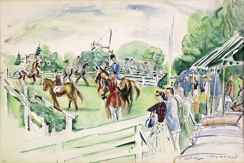 George Shellbase (American/Connecticut, 20th c.): George Shellbase (American/Connecticut, 20th c.), "Ox Ridge Hunt Club", watercolor on paper, signed and titled lower right, sight 12 3/8 in. x 18 3/4 in., matted and framed