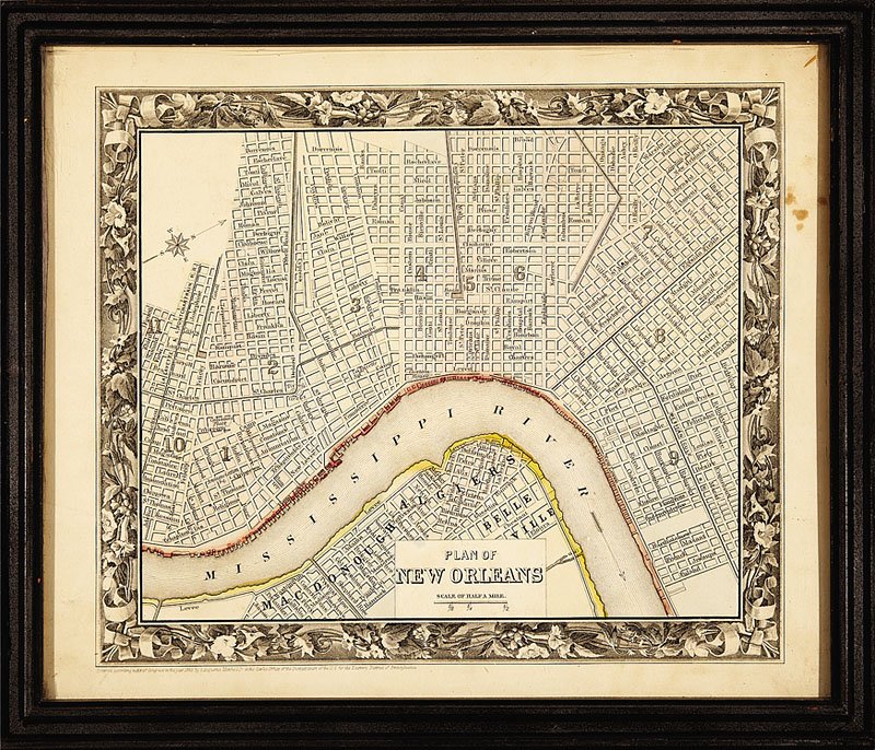 [New Orleans Map]: [New Orleans Map], "Plan of New Orleans", 1860, hand-colored engraved map by Augustus Mitchell, sight 10 1/4 in. x 12 1/4 in., framed