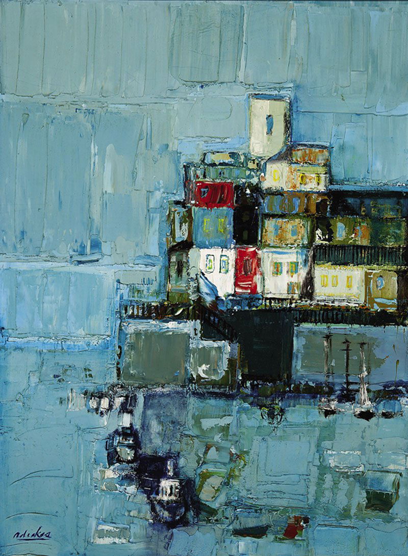 David Pryor Adickes (American/Texas, b. 1927): David Pryor Adickes (American/Texas, b. 1927), "Port with Two Steamboats", oil on canvas, signed lower left, "James Bute Gallery, Houston, Texas" artist label en verso, 27 in. x 20 1/4 in., framed