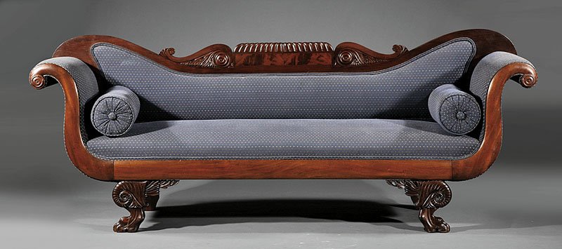 An American Classical Carved Mahogany Sofa: An American Classical Carved Mahogany Sofa, early 19th c., Philadelphia, scrolled crest rail centered by a gadrooned tablet, scrolled arms, molded rail, cornucopia bracketed paw feet, height 35 in., w
