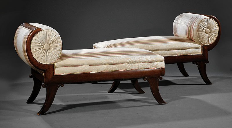 A Pair of French Carved Mahogany Meridiennes: A Pair of French Carved Mahogany Meridiennes, each with scrolled back, outswept legs, height 29 in., width 51 in., depth 21 in