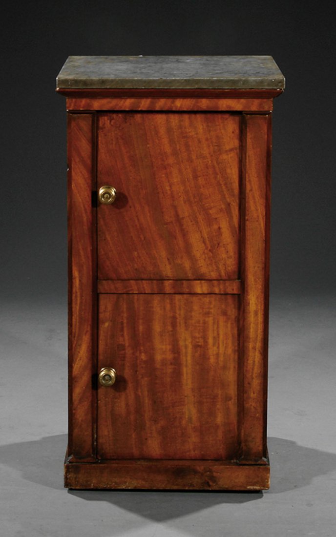 An Empire-Style Walnut Bedside Commode and Mirror: An Empire-Style Walnut Bedside Commode and Mirror, mirror with molded cornice, tablet frieze, molded surround with rosette blocks; commode with gray marble top, two doors flanked by pilasters, plinth 