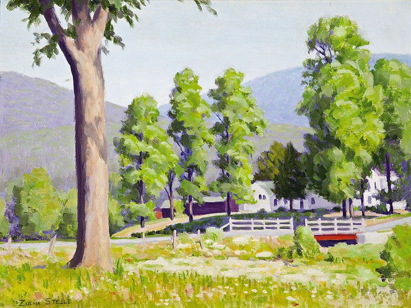 Zulma (Parker) Steele (American, 1881-1979): Zulma (Parker) Steele (American, 1881-1979), "Red Bridge Landscape", acrylic on canvas board, signed lower left, 12 in. x 16 in., framed