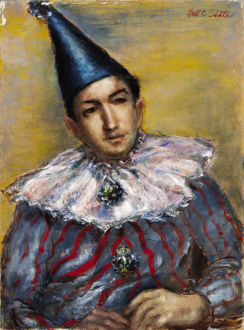 Nell Choate Shute (American/Georgia, 1896-1966): Nell Choate Shute (American/Georgia, 1896-1966), "Clown", oil on canvas, signed upper right, partial labels en verso from "Coggins Collection and Museum of Art", 24 1/8 in. x 18 in., unframed Note: So